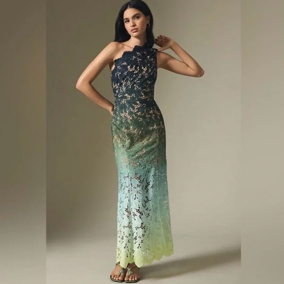 Anthropologie Eliatt Green/Blue Ombre One-Shoulder Sheer Lace Side-Slit Dress - Picture 4 of 10